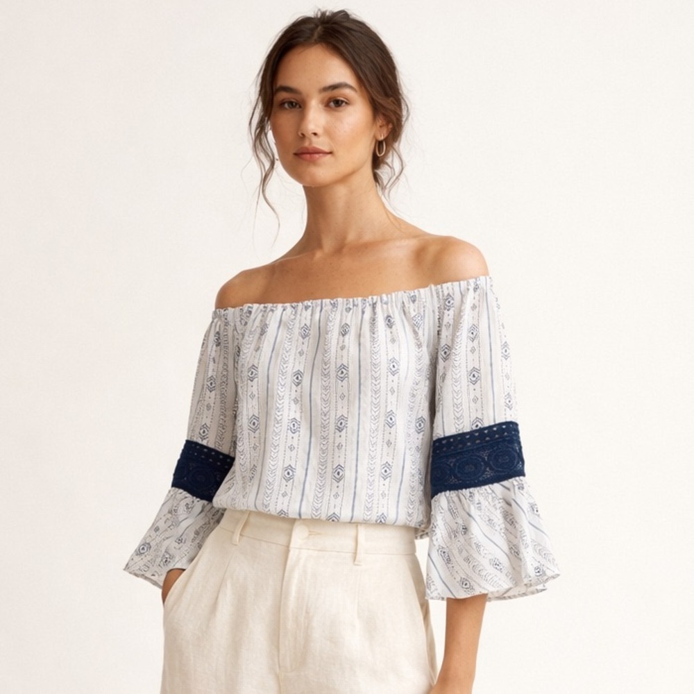 Neiman Marcus blue and white boho print off the shoulder blouse w lace trim. M